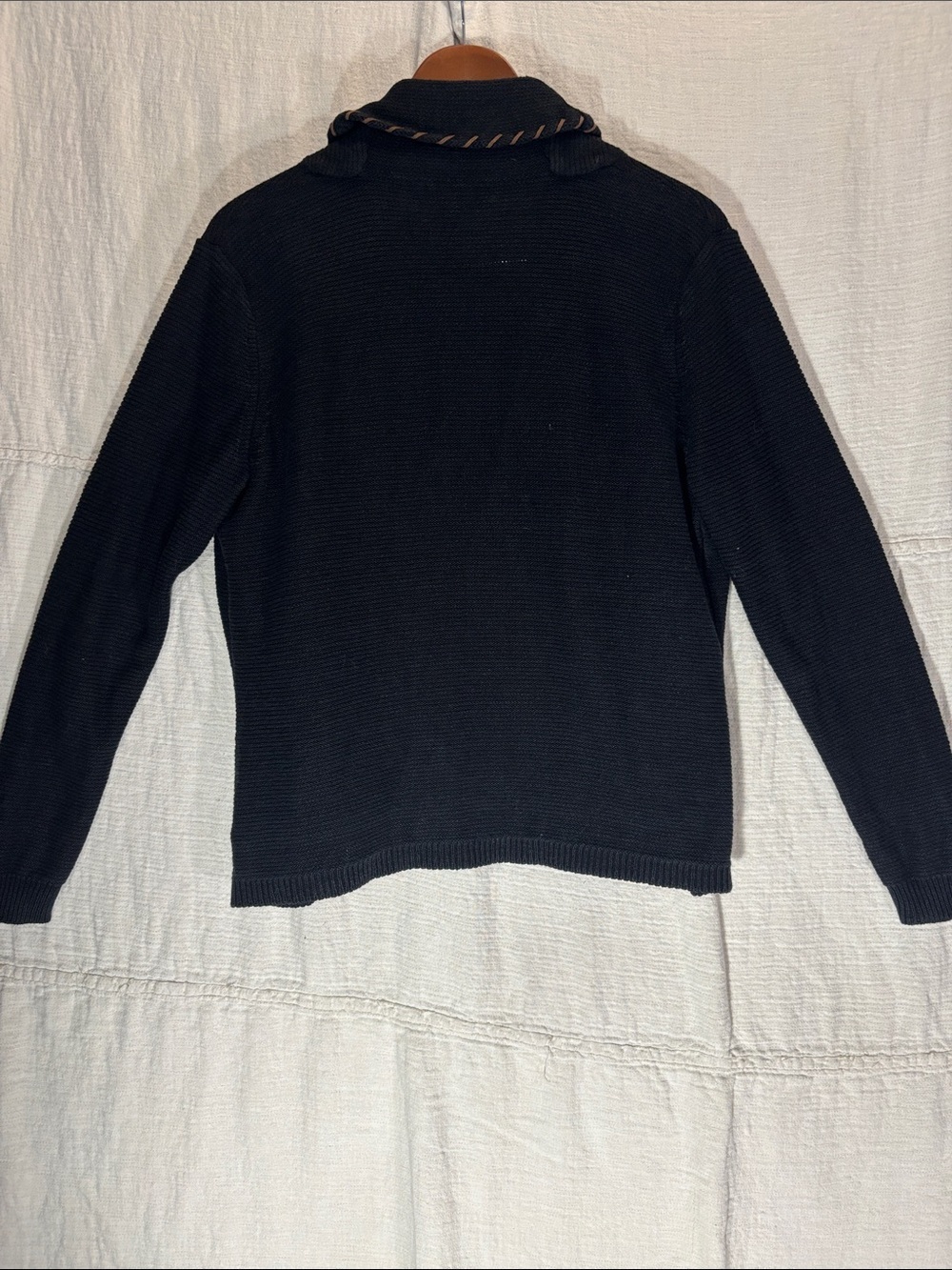 Lauren Ralph Lauren Black Cardigan with Tan Whipstitch Trim Linen Cotton Blend - Picture 9 of 10